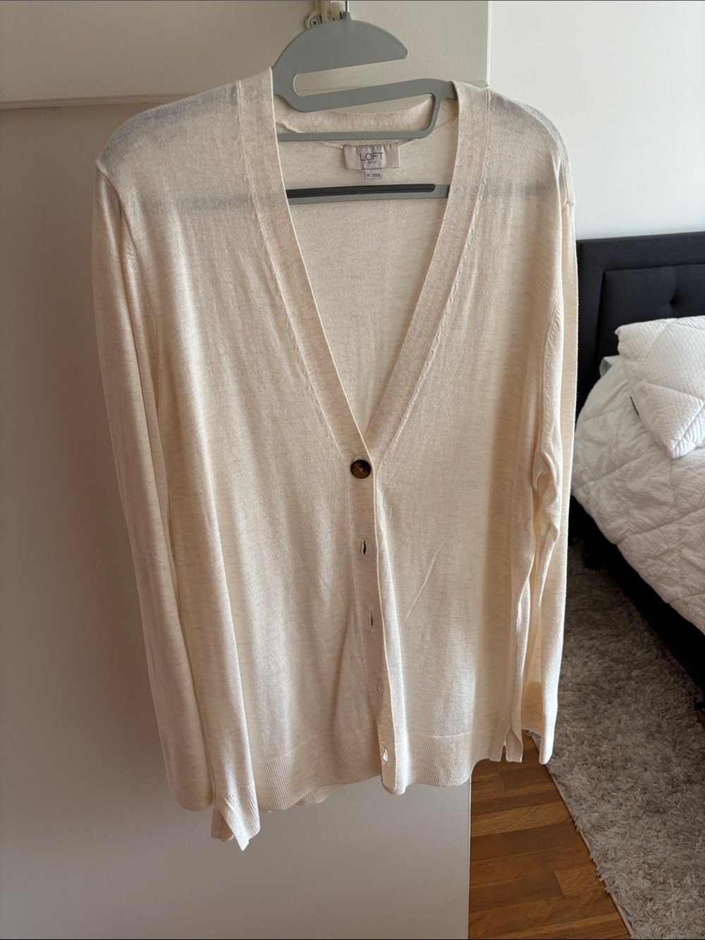 LOFT Cream Lightweight V-Neck Button Cardigan